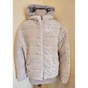 Tensione In‎ Velour Puffer Hooded Jacket Cream Beige Quilted Zip Size M